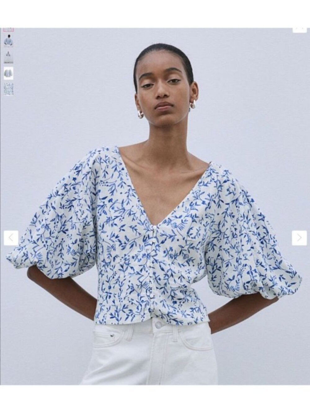 H&M Linen Blend Puff Sleeve Floral Top Size M Coquette Romantic Cottagecore
